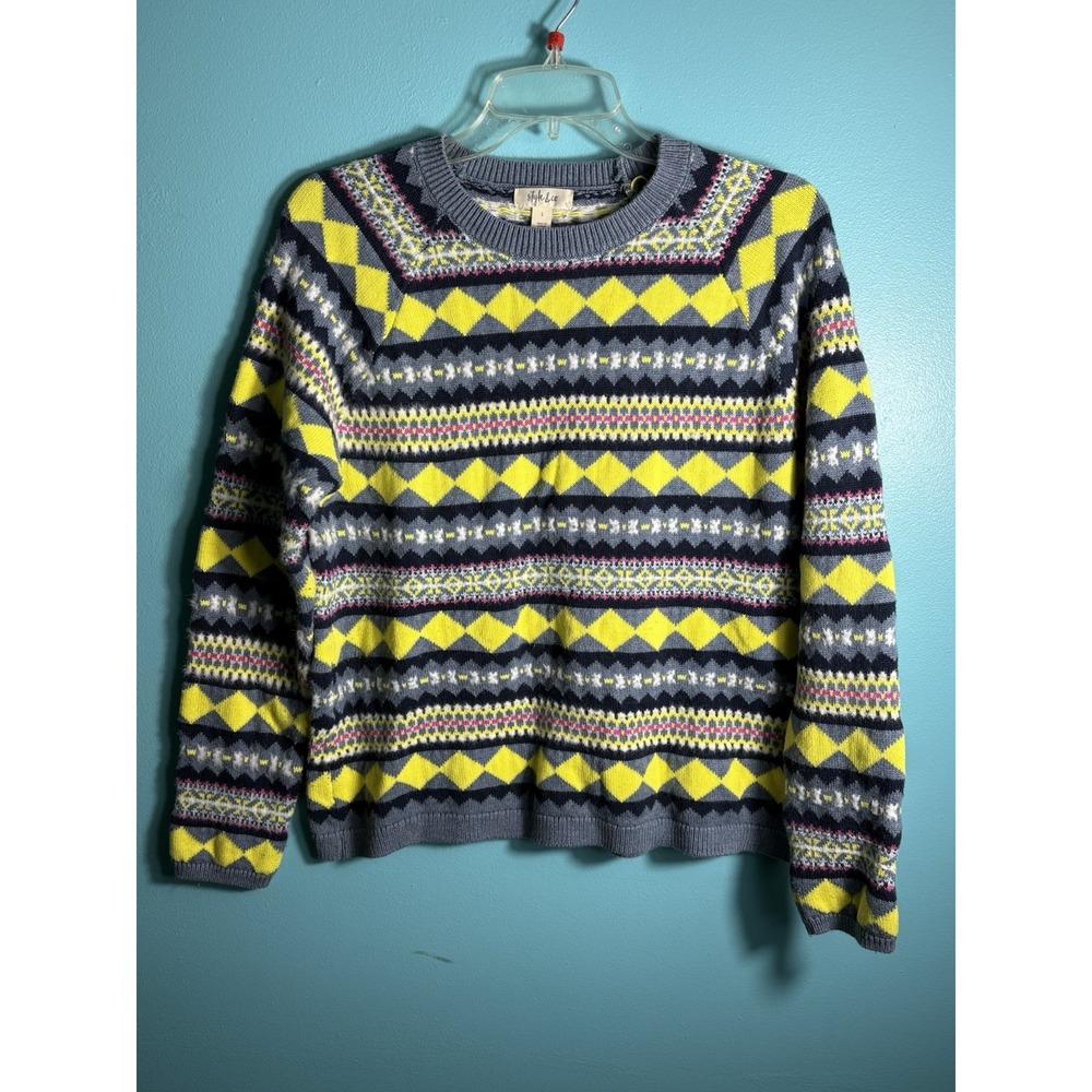 Style & Co Women L Stripe And Blue Fair Isle Pullover Sweater Geometric Neon